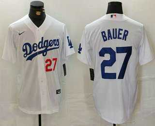 Mens Los Angeles Dodgers #27 Trevor Bauer Number White Stitched Jersey